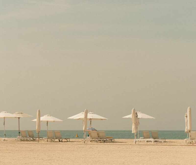 Beach chairs and umbrellas line a sandy shore.