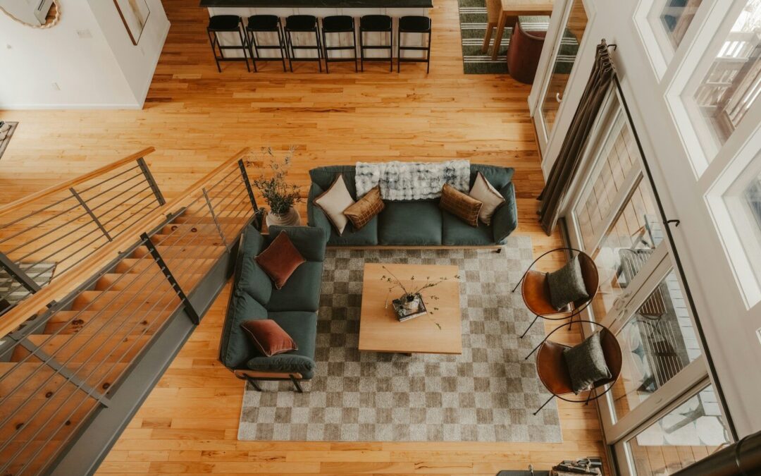 Spacious living room with modern furniture and wooden floors