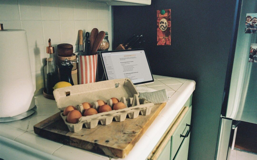 Carton of brown eggs on a kitchen counter